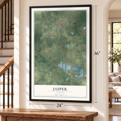 Jasper, Florida map, 24 x 36 inch print in a black frame by a staircase