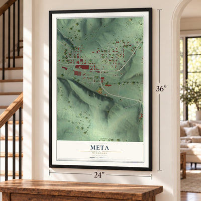 Meta, Missouri map, 24 x 36 inch print in a black frame by a staircase