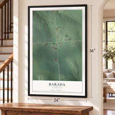 Barada, Nebraska map, 24 x 36 inch print in a black frame by a staircase