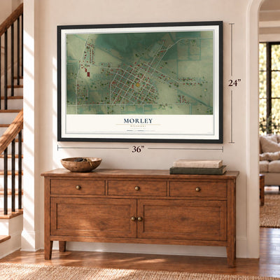 Morley, Missouri map, 24 x 36 inch print in a black frame above a dresser by a staircase