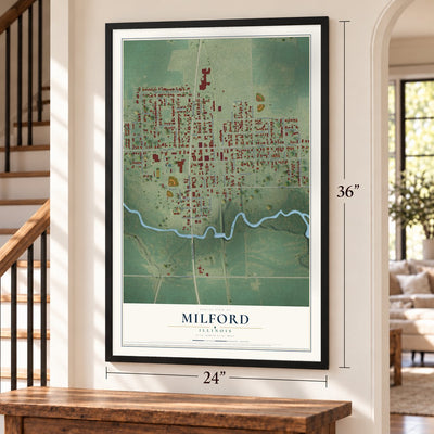 Milford, Illinois map, 24 x 36 inch print in a black frame by a staircase