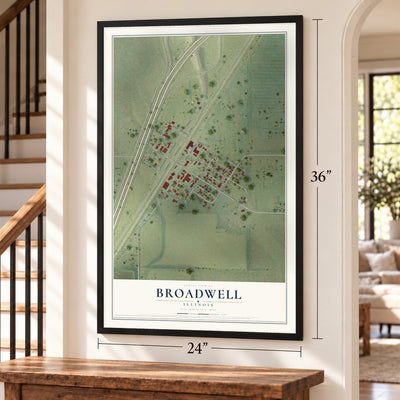 Broadwell, Illinois map, 24 x 36 inch print in a black frame by a staircase