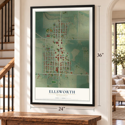 Ellsworth, Minnesota map, 24 x 36 inch print in a black frame by a staircase