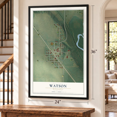 Watson, Minnesota map, 24 x 36 inch print in a black frame by a staircase