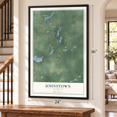 Johnstown, Michigan map, 24 x 36 inch print in a black frame by a staircase