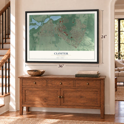Closter, New Jersey map, 24 x 36 inch print in a black frame above a dresser by a staircase