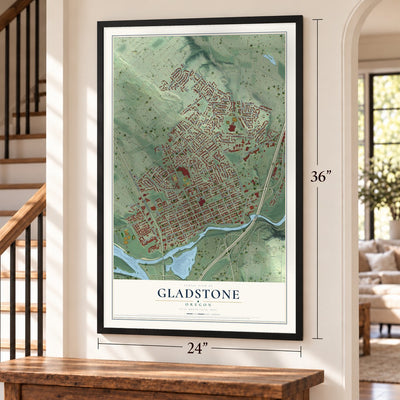 Gladstone, Oregon map, 24 x 36 inch print in a black frame by a staircase