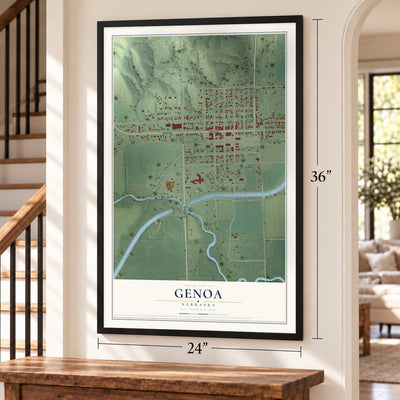 Genoa, Nebraska map, 24 x 36 inch print in a black frame by a staircase