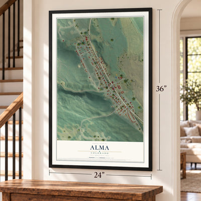 Alma, Colorado map, 24 x 36 inch print in a black frame by a staircase
