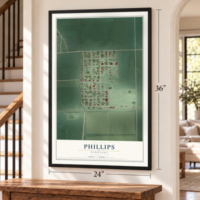 Phillips, Nebraska map, 24 x 36 inch print in a black frame by a staircase