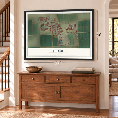 Heber, California map, 24 x 36 inch print in a black frame above a dresser by a staircase