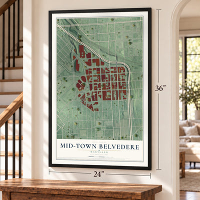 Mid-Town Belvedere, Maryland map, 24 x 36 inch print in a black frame by a staircase