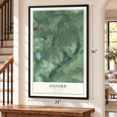 Oxford, New Jersey map, 24 x 36 inch print in a black frame by a staircase
