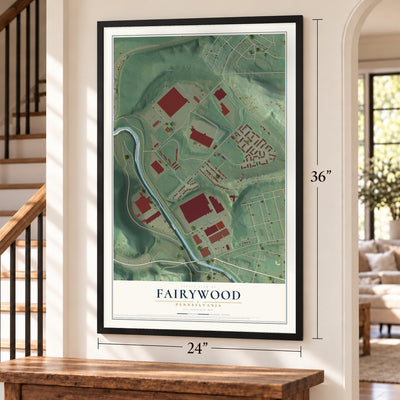 Fairywood, Pennsylvania map, 24 x 36 inch print in a black frame by a staircase