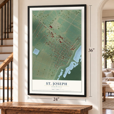 St. Joseph, Louisiana map, 24 x 36 inch print in a black frame by a staircase