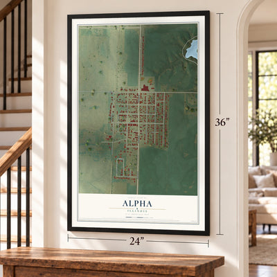 Alpha, Illinois map, 24 x 36 inch print in a black frame by a staircase