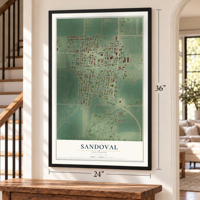 Sandoval, Illinois map, 24 x 36 inch print in a black frame by a staircase