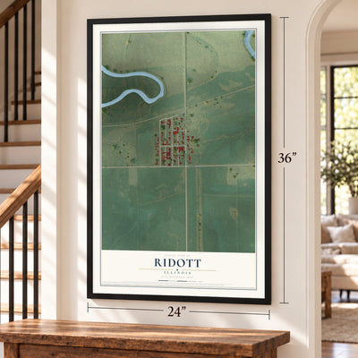 Ridott, Illinois map, 24 x 36 inch print in a black frame by a staircase