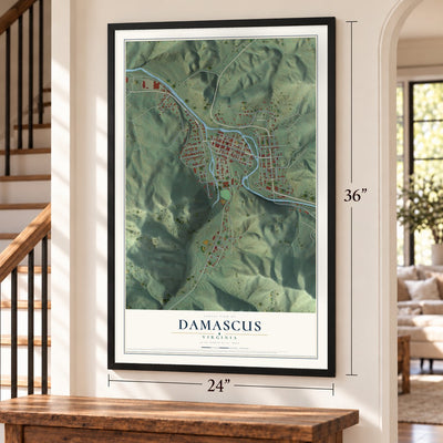 Damascus, Virginia map, 24 x 36 inch print in a black frame by a staircase