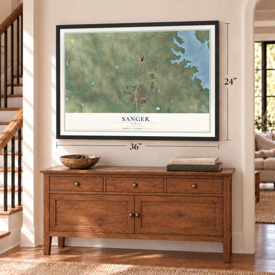 Sanger, Texas map, 24 x 36 inch print in a black frame above a dresser by a staircase