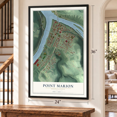 Point Marion, Pennsylvania map, 24 x 36 inch print in a black frame by a staircase