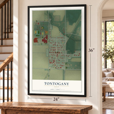 Tontogany, Ohio map, 24 x 36 inch print in a black frame by a staircase