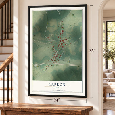 Capron, Virginia map, 24 x 36 inch print in a black frame by a staircase