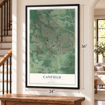 Canfield, Ohio map, 24 x 36 inch print in a black frame by a staircase