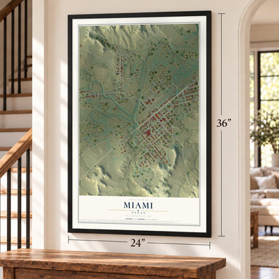 Miami, Texas map, 24 x 36 inch print in a black frame by a staircase