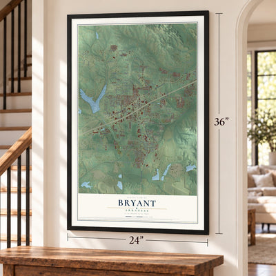 Bryant, Arkansas map, 24 x 36 inch print in a black frame by a staircase