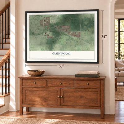 Glenwood, Illinois map, 24 x 36 inch print in a black frame above a dresser by a staircase