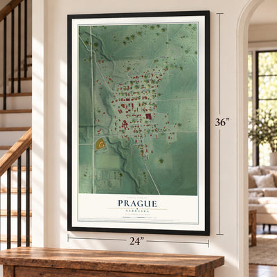 Prague, Nebraska map, 24 x 36 inch print in a black frame by a staircase