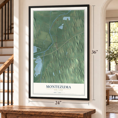 Montezuma, New York map, 24 x 36 inch print in a black frame by a staircase