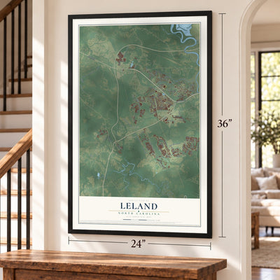 Leland, North Carolina map, 24 x 36 inch print in a black frame by a staircase
