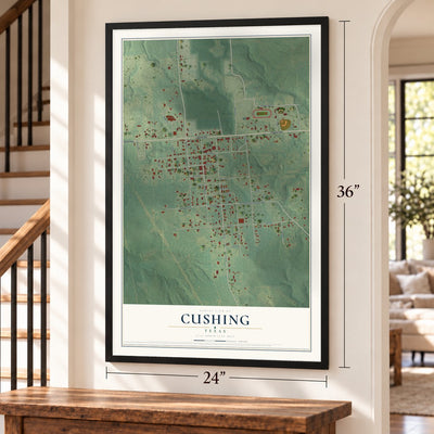 Cushing, Texas map, 24 x 36 inch print in a black frame by a staircase
