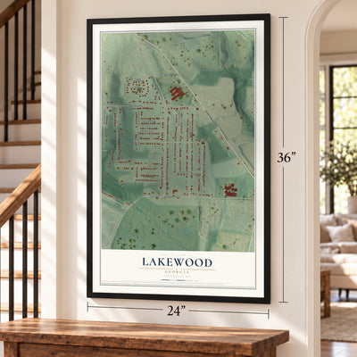 Lakewood, Georgia map, 24 x 36 inch print in a black frame by a staircase