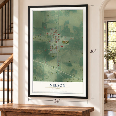 Nelson, Minnesota map, 24 x 36 inch print in a black frame by a staircase