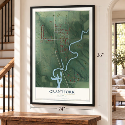 Grantfork, Illinois map, 24 x 36 inch print in a black frame by a staircase