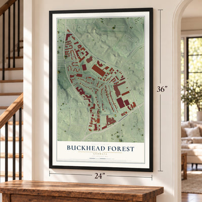 Buckhead Forest, Georgia map, 24 x 36 inch print in a black frame by a staircase