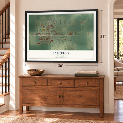 Bartelso, Illinois map, 24 x 36 inch print in a black frame above a dresser by a staircase