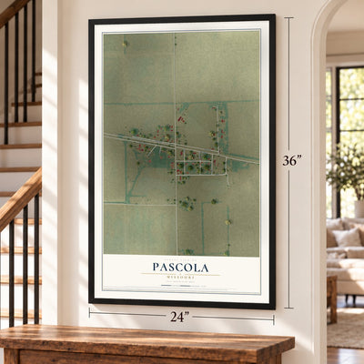 Pascola, Missouri map, 24 x 36 inch print in a black frame by a staircase