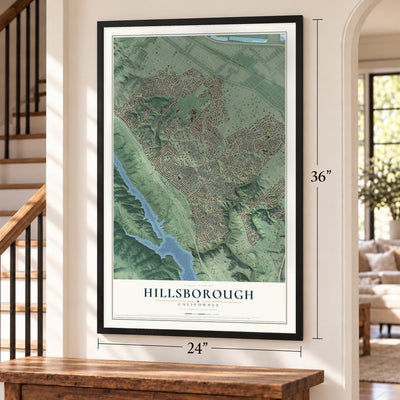 Hillsborough, California map, 24 x 36 inch print in a black frame by a staircase
