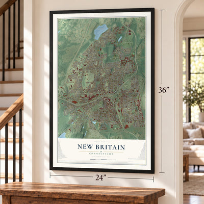 New Britain, Connecticut map, 24 x 36 inch print in a black frame by a staircase