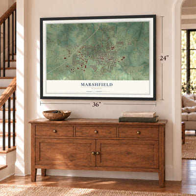 Marshfield, Missouri map, 24 x 36 inch print in a black frame above a dresser by a staircase