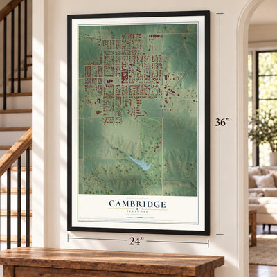 Cambridge, Illinois map, 24 x 36 inch print in a black frame by a staircase