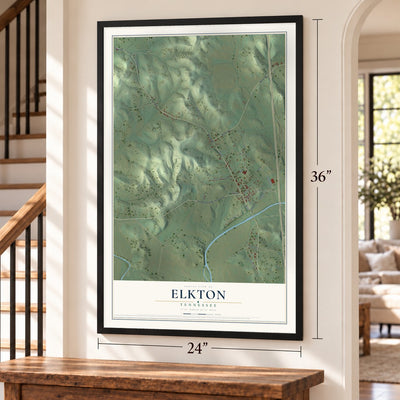 Elkton, Tennessee map, 24 x 36 inch print in a black frame by a staircase