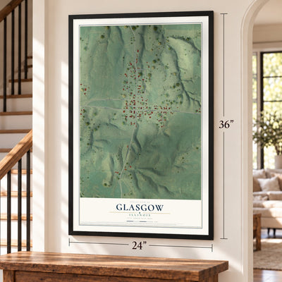 Glasgow, Illinois map, 24 x 36 inch print in a black frame by a staircase