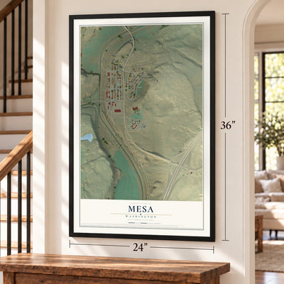 Mesa, Washington map, 24 x 36 inch print in a black frame by a staircase
