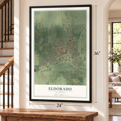 Eldorado, Illinois map, 24 x 36 inch print in a black frame by a staircase