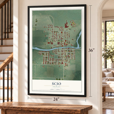 Scio, Oregon map, 24 x 36 inch print in a black frame by a staircase